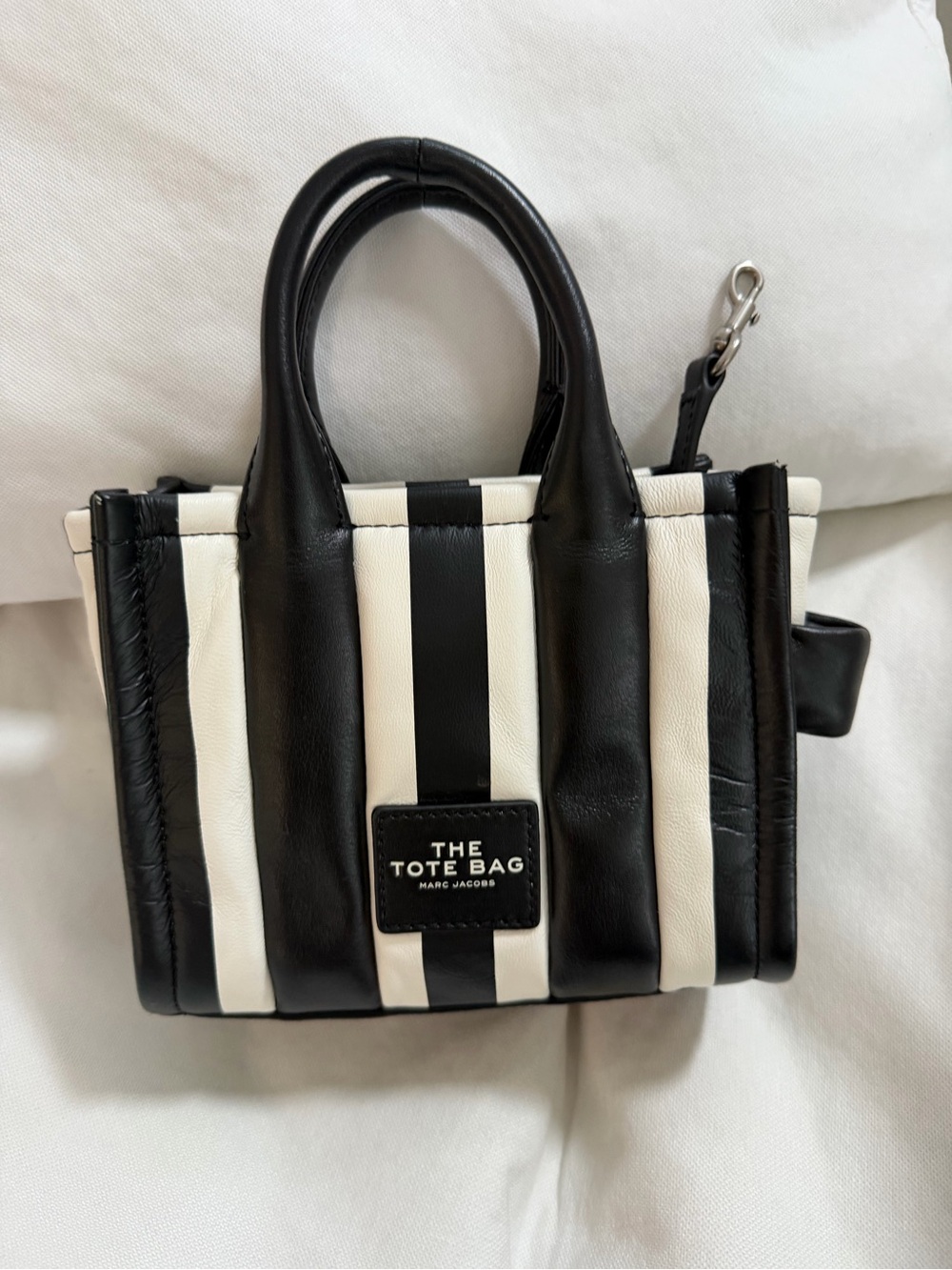 Marc Jacobs Black/White Striped Mini The Tote Bag with cross body removable